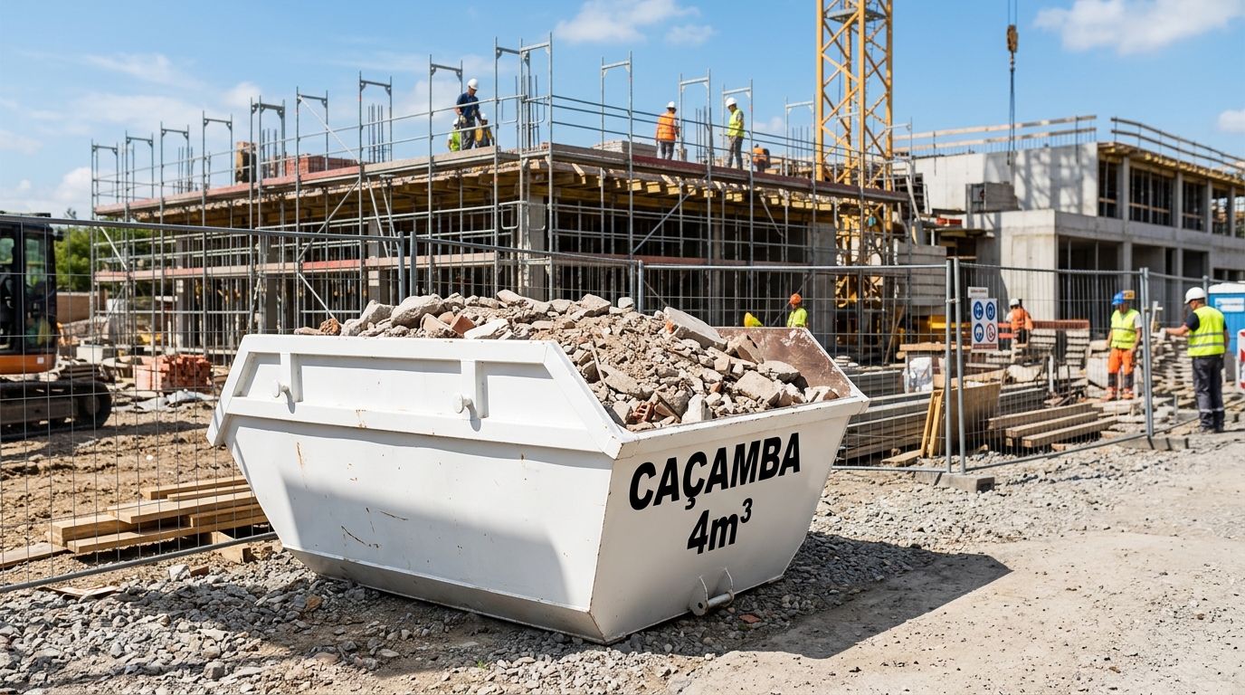 Caçamba de entulho em canteiro de obras em São Paulo